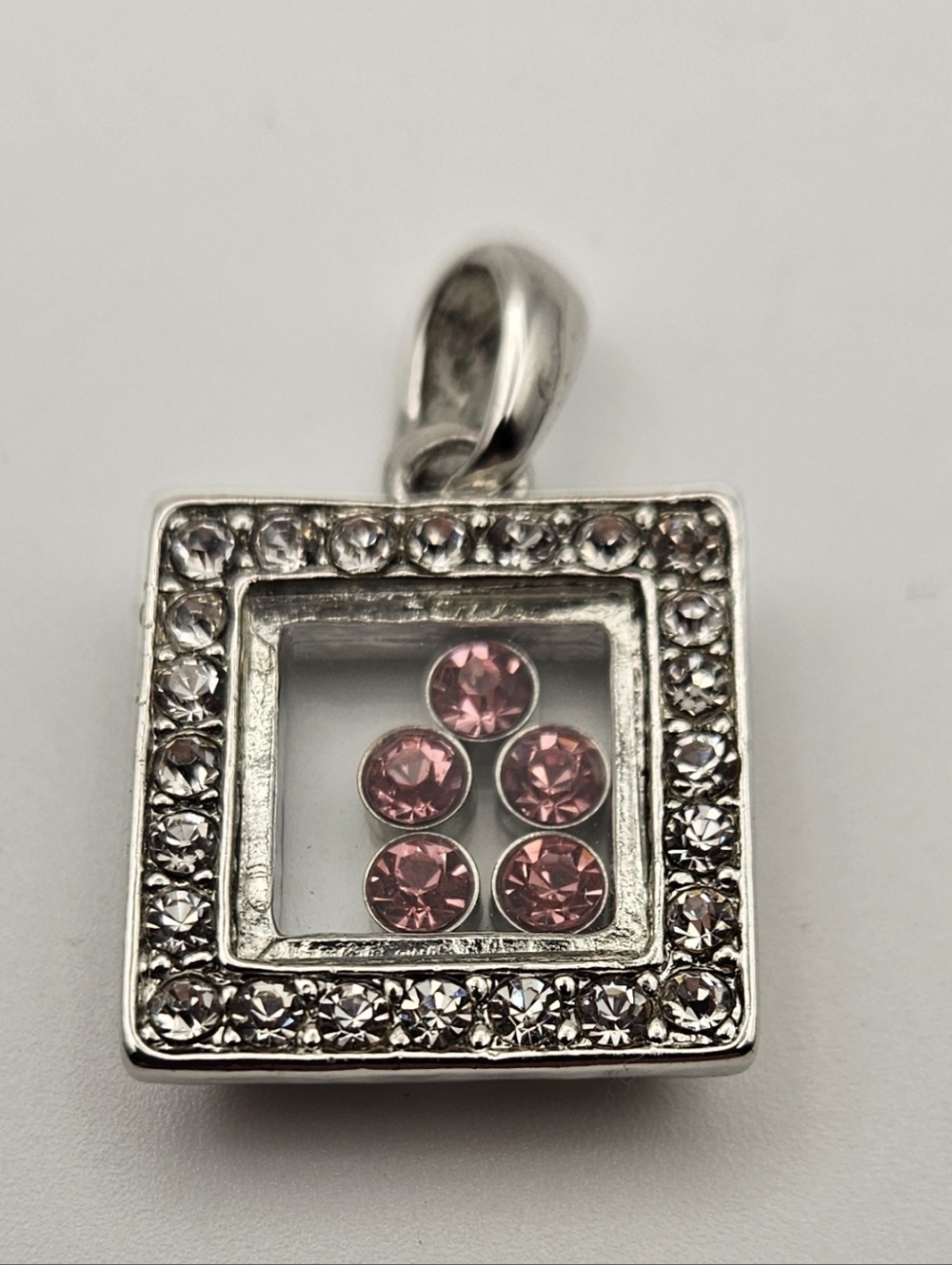 Square Floating Crystal Pendant Pink Clear Rhinestones Silver Tone